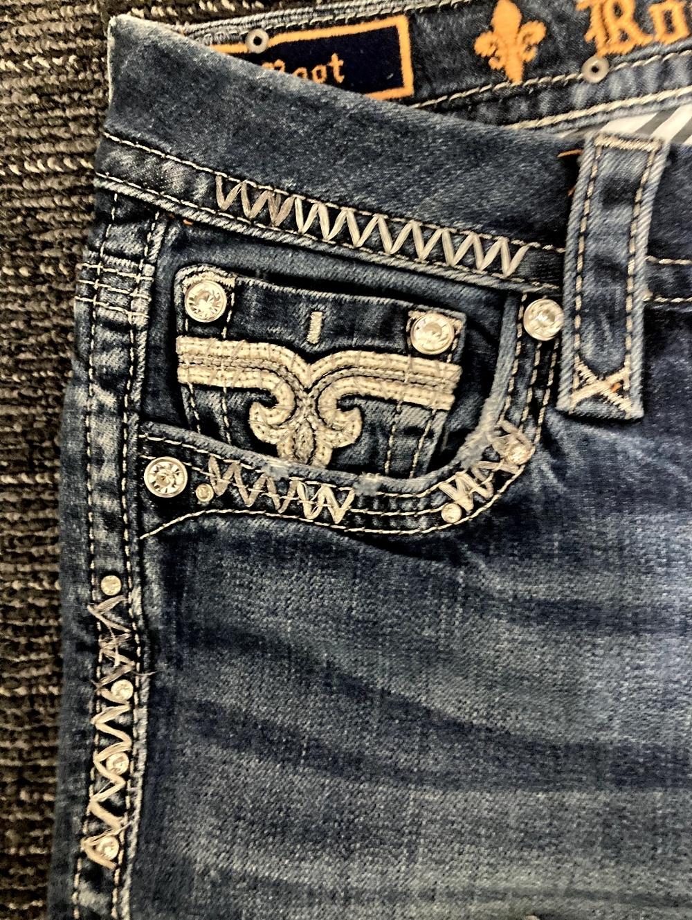 Rock Revival BOOT Blue Flare Jeans with Faded Whiskering & 30" Inseam